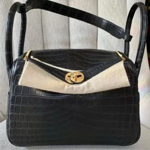 Hermès Lindy 26 Noir (Black) Crocodile Niloticus Matte Gold Hardware GHW