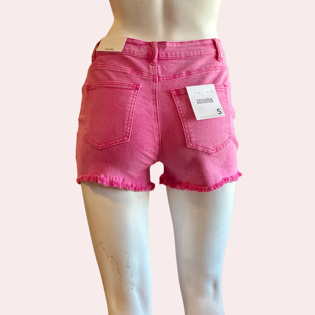 Hot pink acid washed frayed cutoff hem shorts