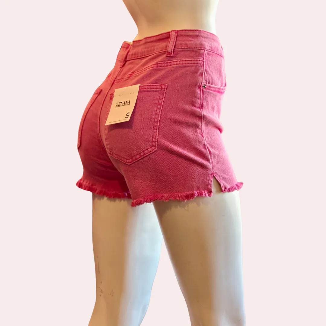 Hot pink acid washed frayed cutoff hem shorts