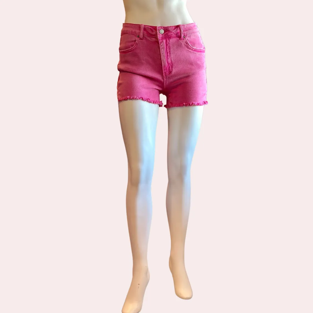 Hot pink acid washed frayed cutoff hem shorts