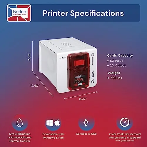 ID Card Printer Evolis Zenius Single Sided & Complete Supplies Package with Bodno Silver Edition ID Software