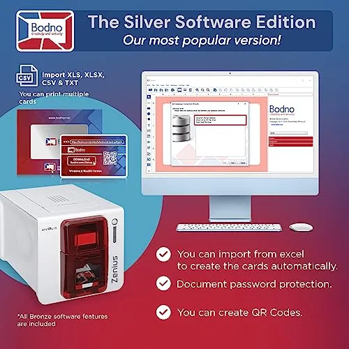 ID Card Printer Evolis Zenius Single Sided & Complete Supplies Package with Bodno Silver Edition ID Software