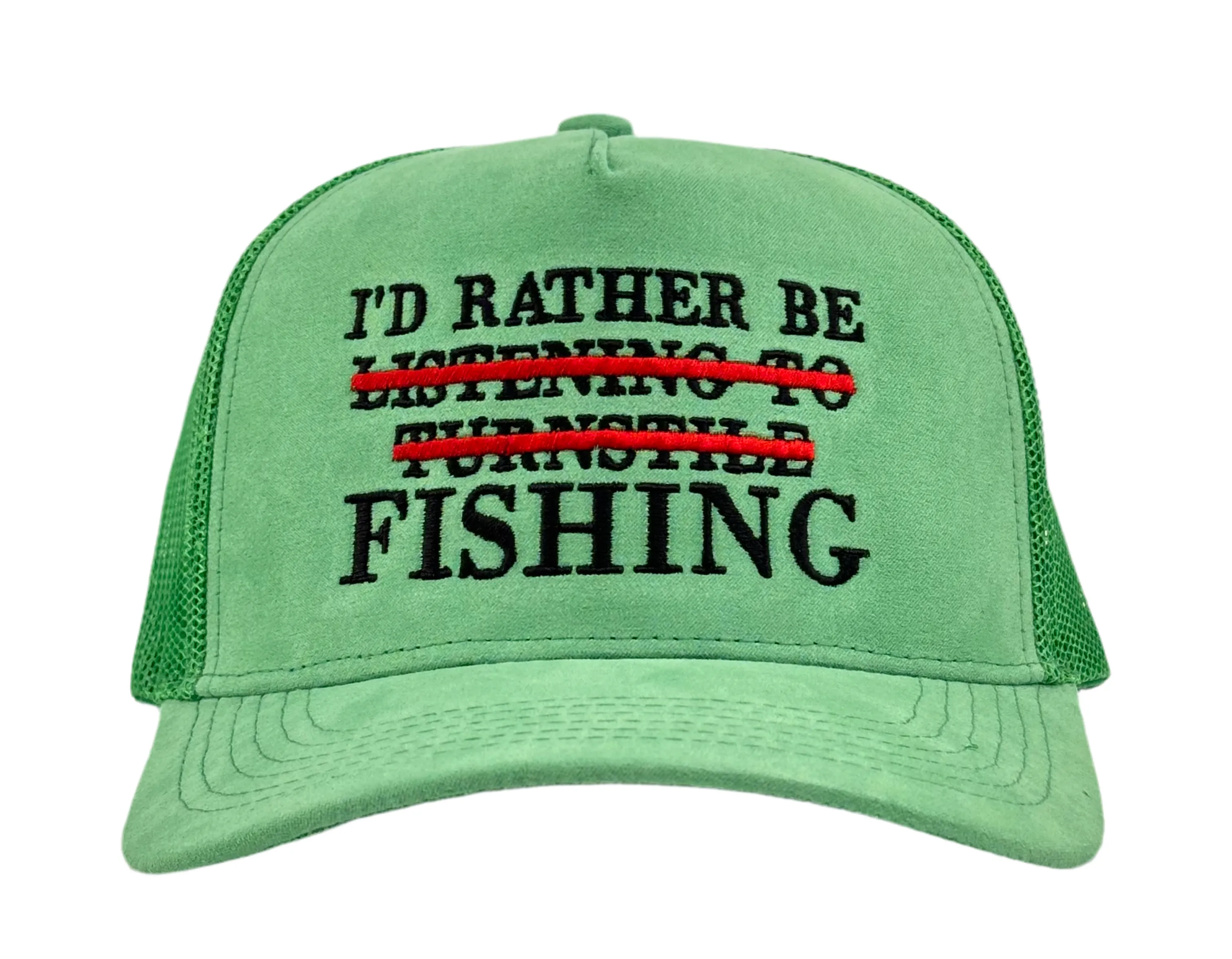 I’D RATHER BE FISHING SUEDE TRUCKER HAT