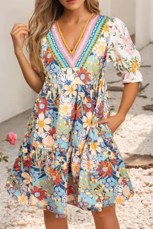 Ivy  Allover Floral Print V Neck Tiered Mini Dress
