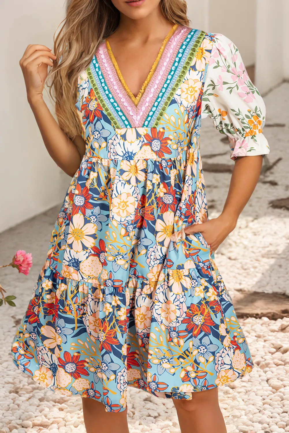 Ivy  Allover Floral Print V Neck Tiered Mini Dress