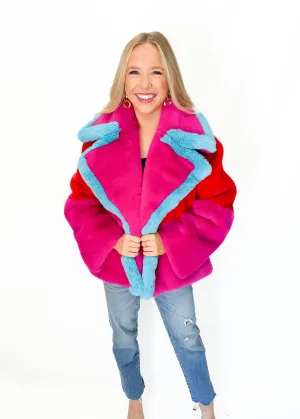 Jayley Faux Fur Gigi Patchwork Cropped Coat - Red