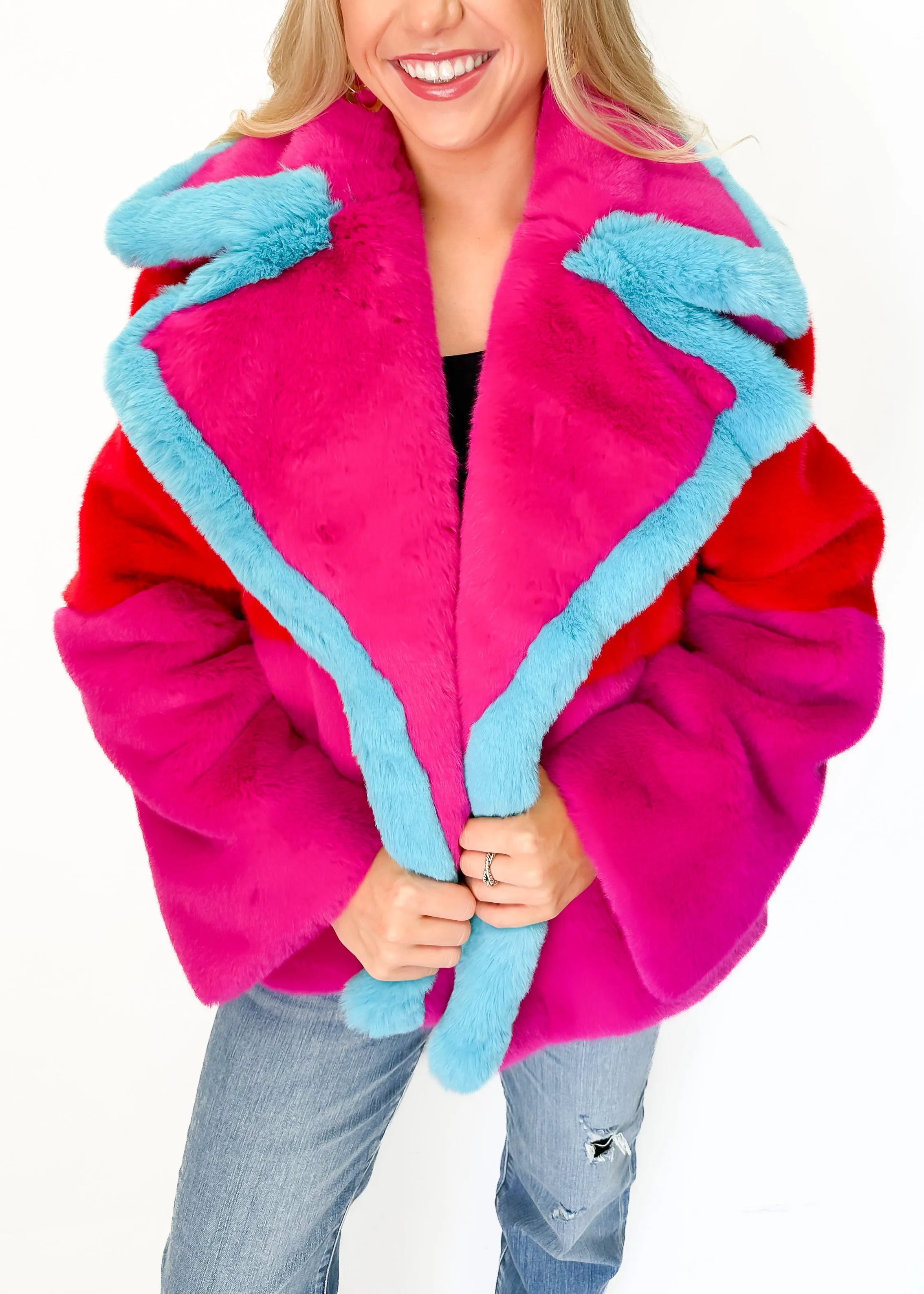 Jayley Faux Fur Gigi Patchwork Cropped Coat - Red