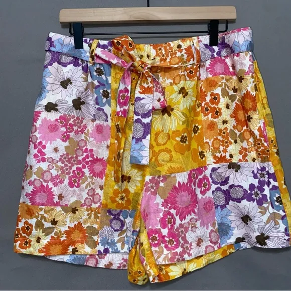 Johnny Was Linen Sherrie Easy Short Jade Floral Patchwork Women's Shorts Large