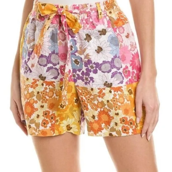Johnny Was Linen Sherrie Easy Short Jade Floral Patchwork Women's Shorts Large