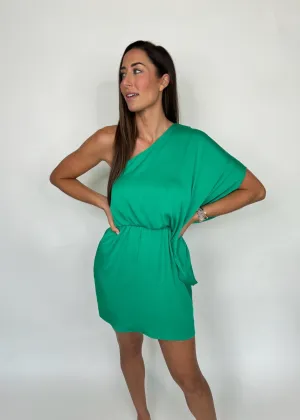 KLD Washed Satin Drape One Shoulder Dress Green