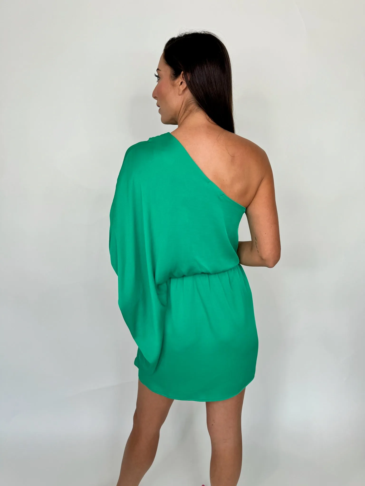 KLD Washed Satin Drape One Shoulder Dress Green