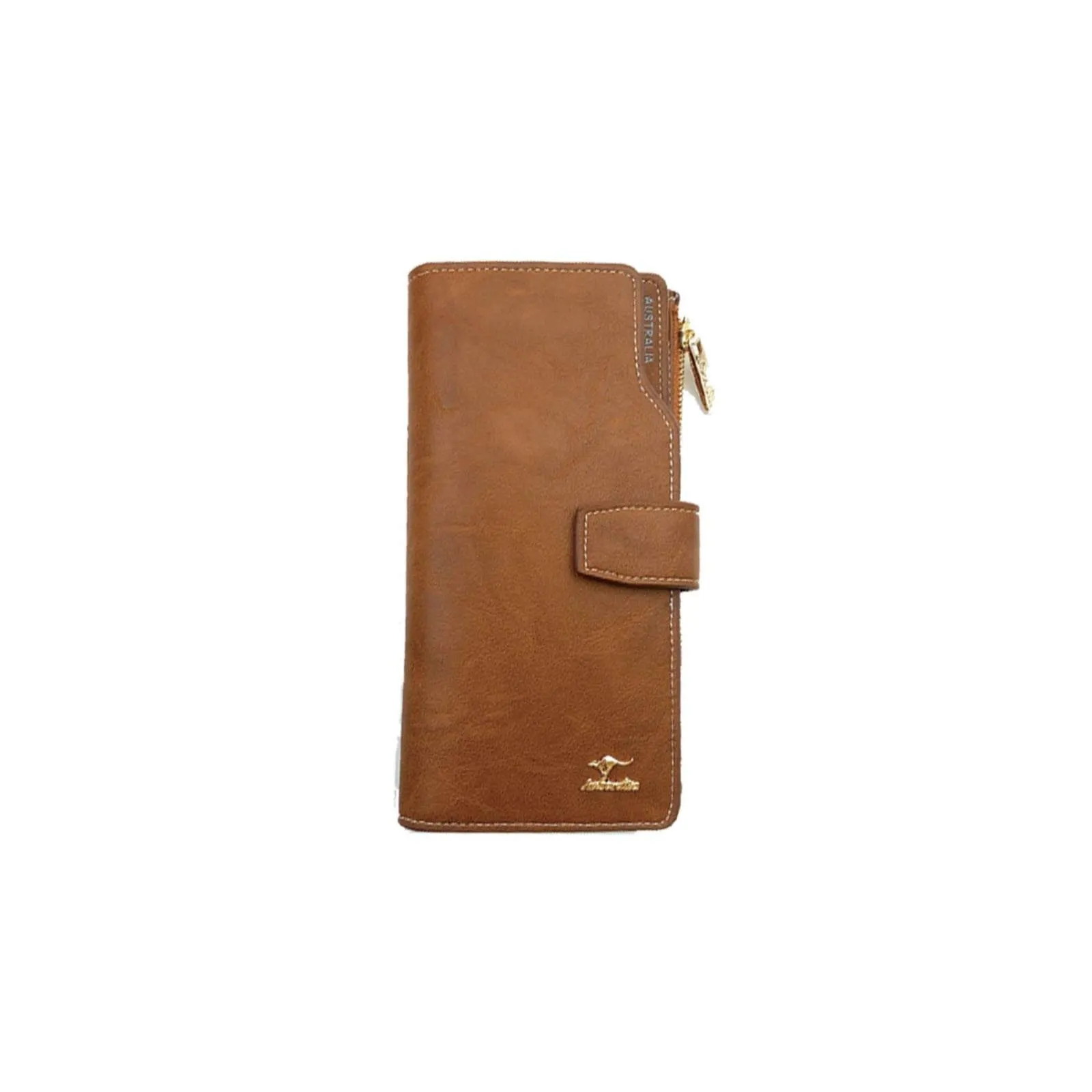 Ladies Wallet Zip and Clip Kangaroo Badge Brown