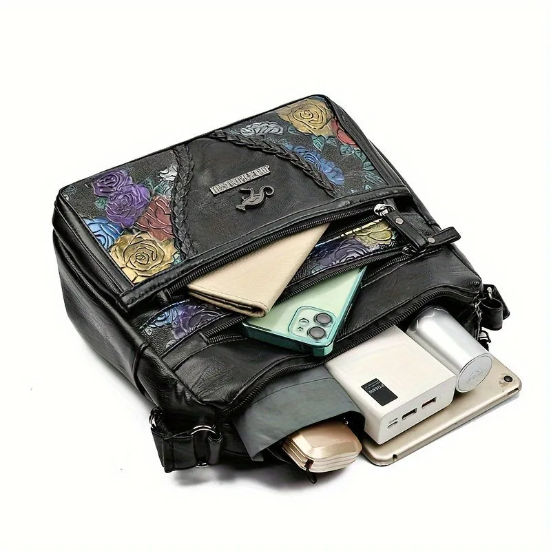 Large Capacity Vintage Floral Crossbody Shoulder Bag – Black