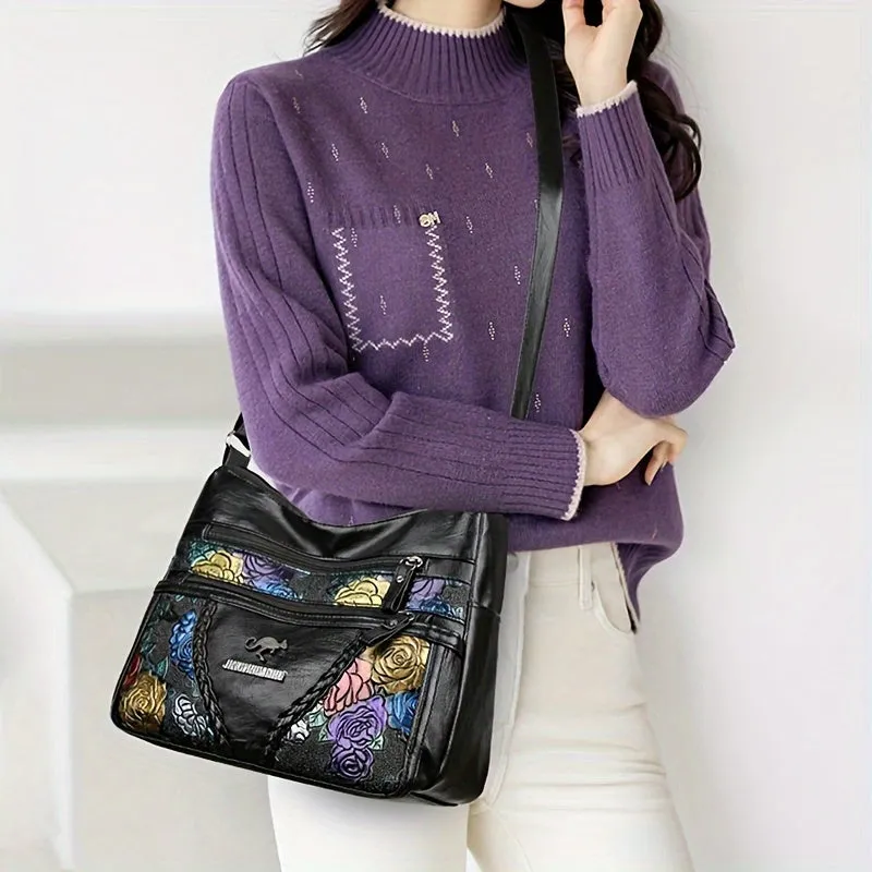 Large Capacity Vintage Floral Crossbody Shoulder Bag – Black