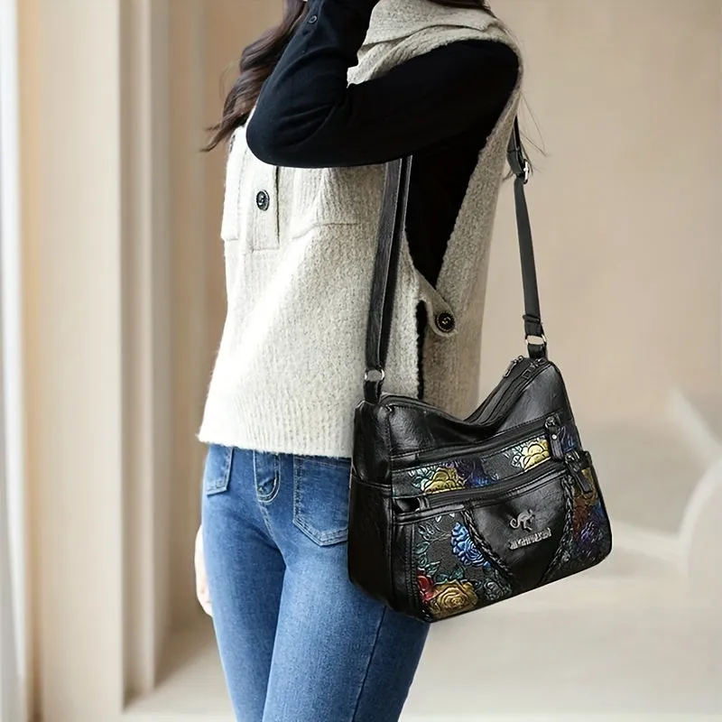 Large Capacity Vintage Floral Crossbody Shoulder Bag – Black