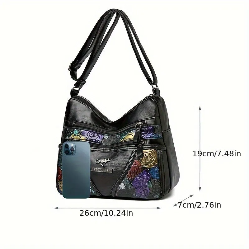 Large Capacity Vintage Floral Crossbody Shoulder Bag – Black