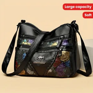 Large Capacity Vintage Floral Crossbody Shoulder Bag – Black