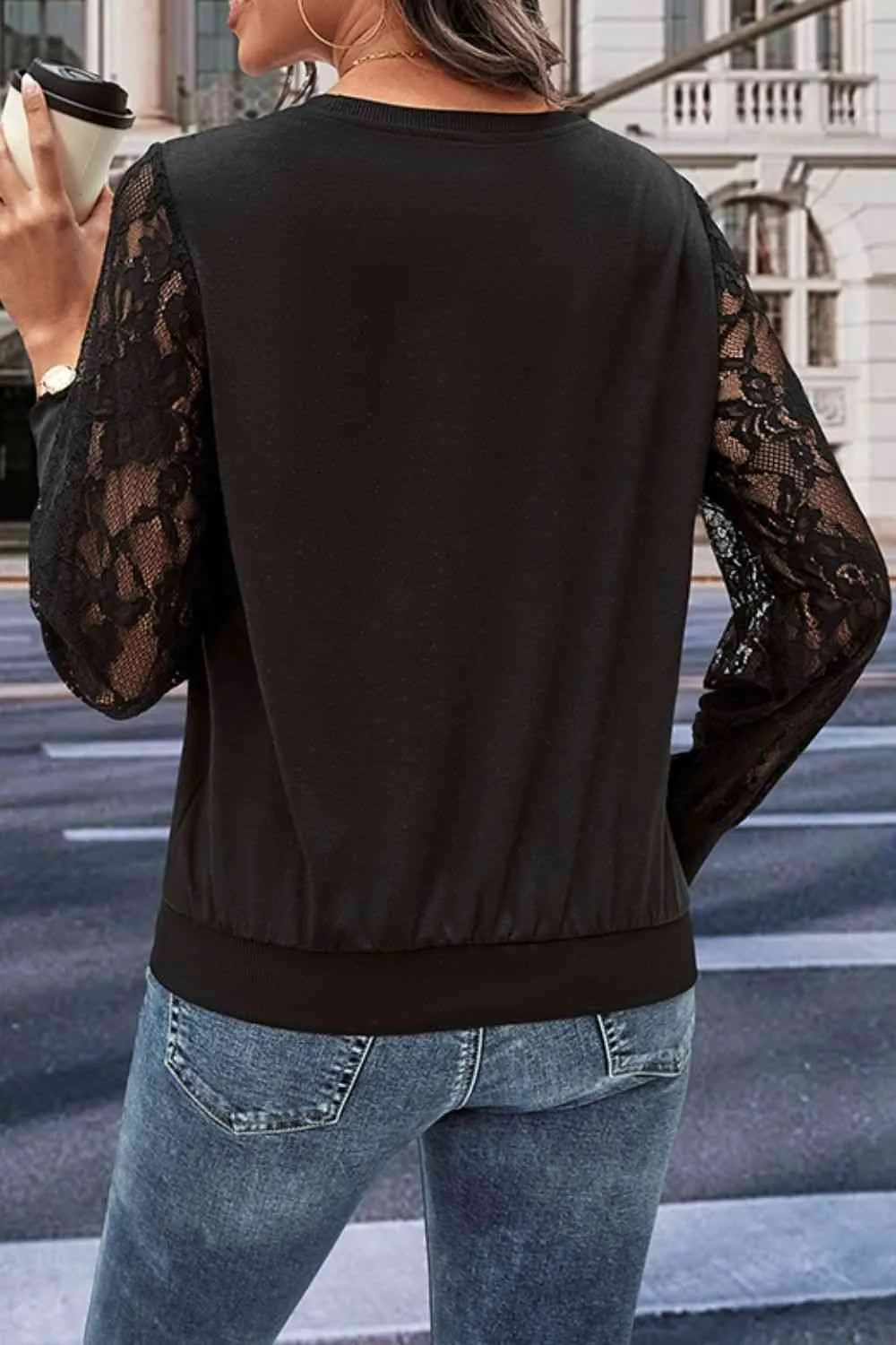 Laurel Round Neck Lace Trim Long Sleeve Sweatshirt