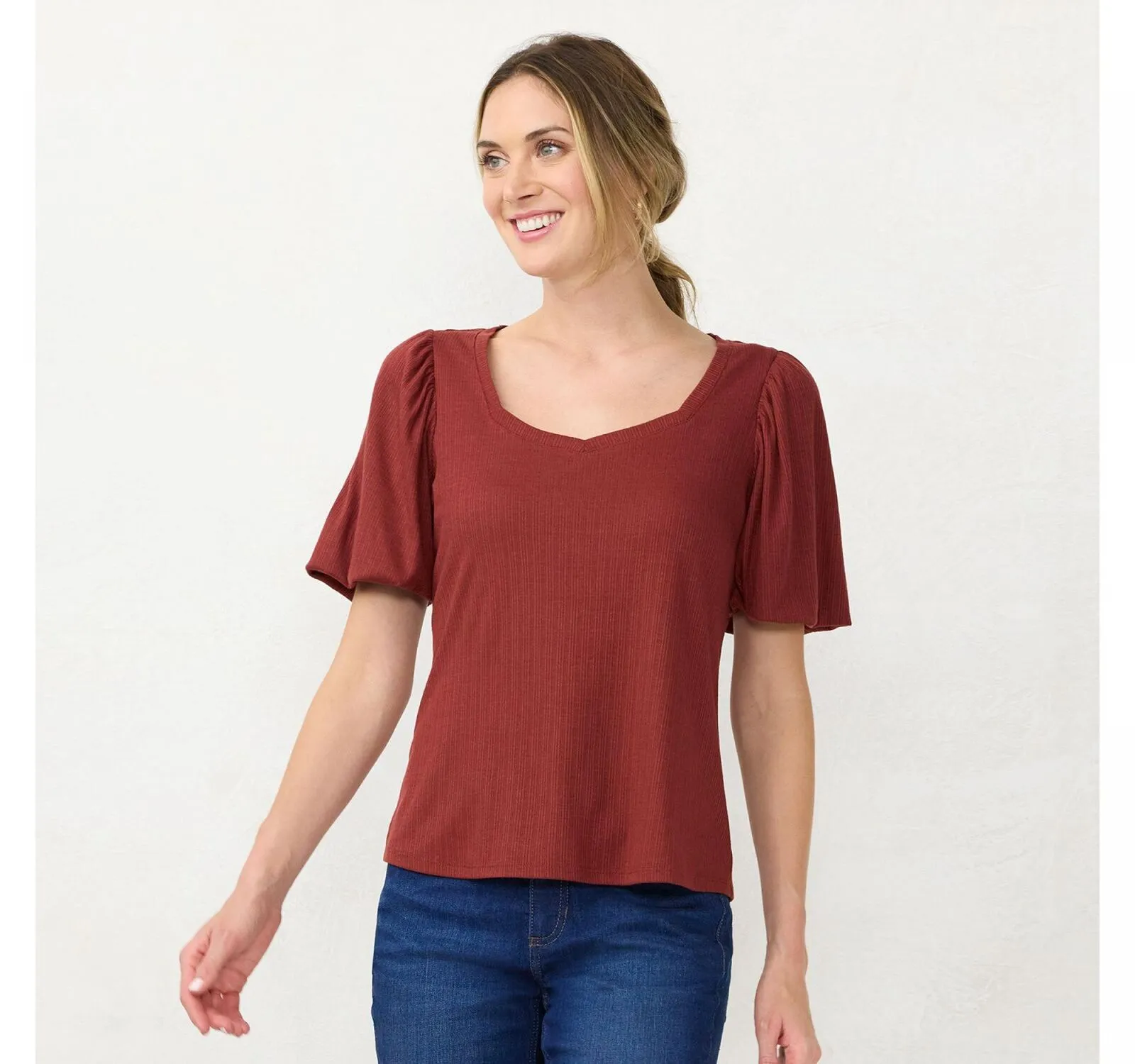 Lc Lauren Conrad Womens Sweetheart Bubble-Sleeve Tee WL2UK003RS2 Red S