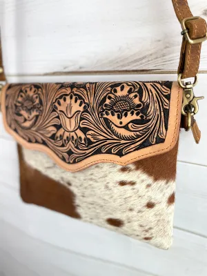 Leather Floral Tooled Flap on Tan Hide Handbag