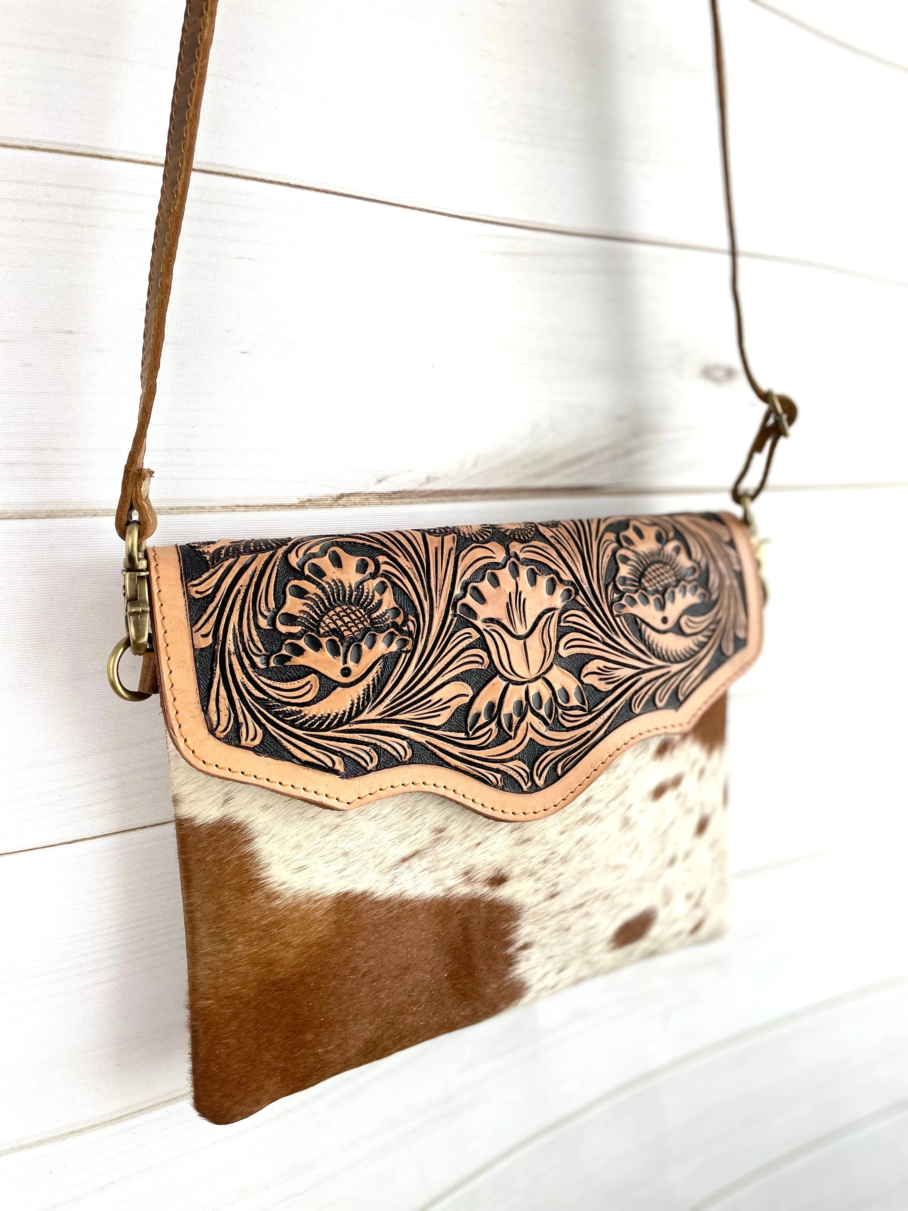 Leather Floral Tooled Flap on Tan Hide Handbag