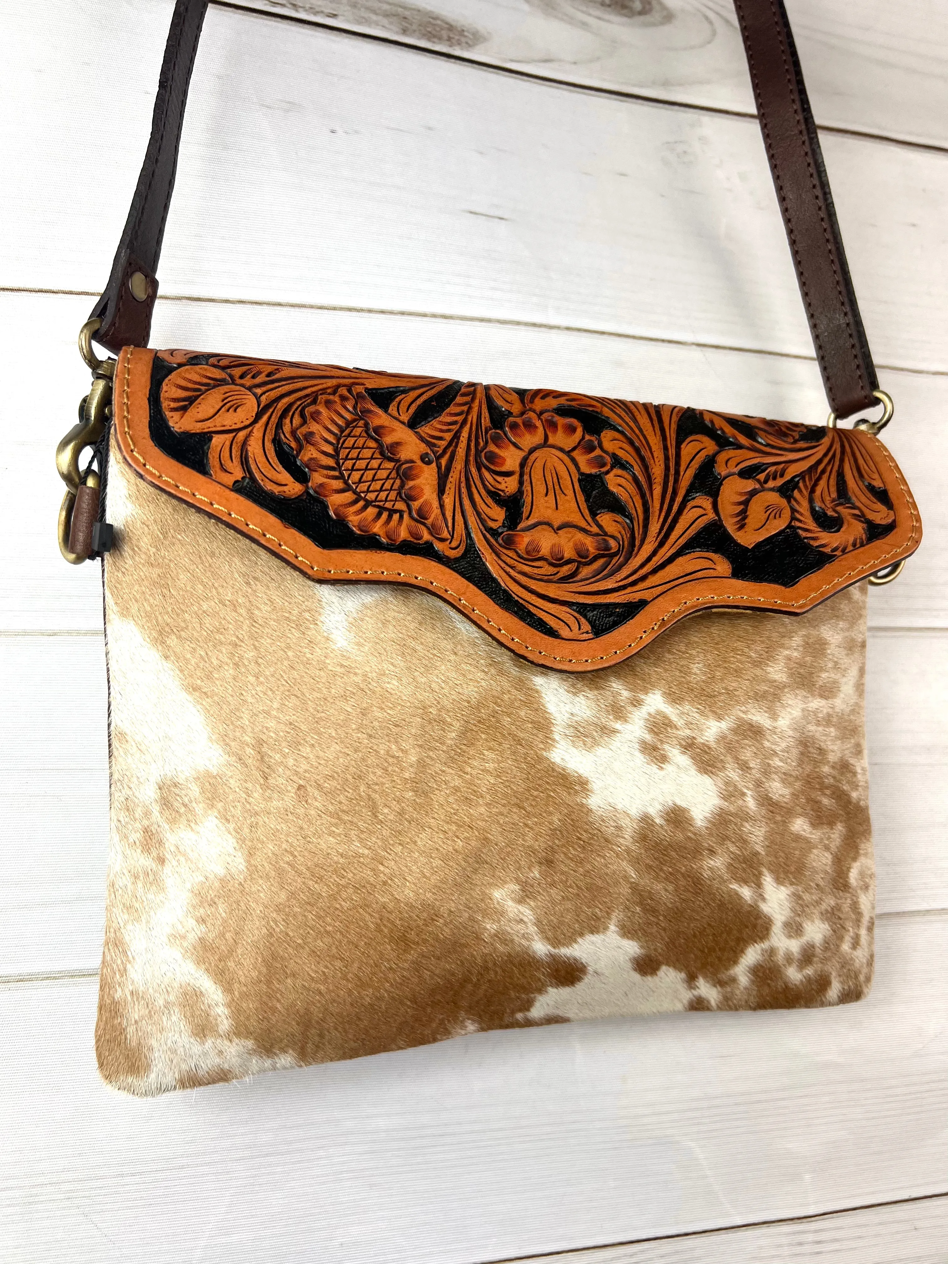 Leather Floral Tooled Flap on Tan Hide Handbag