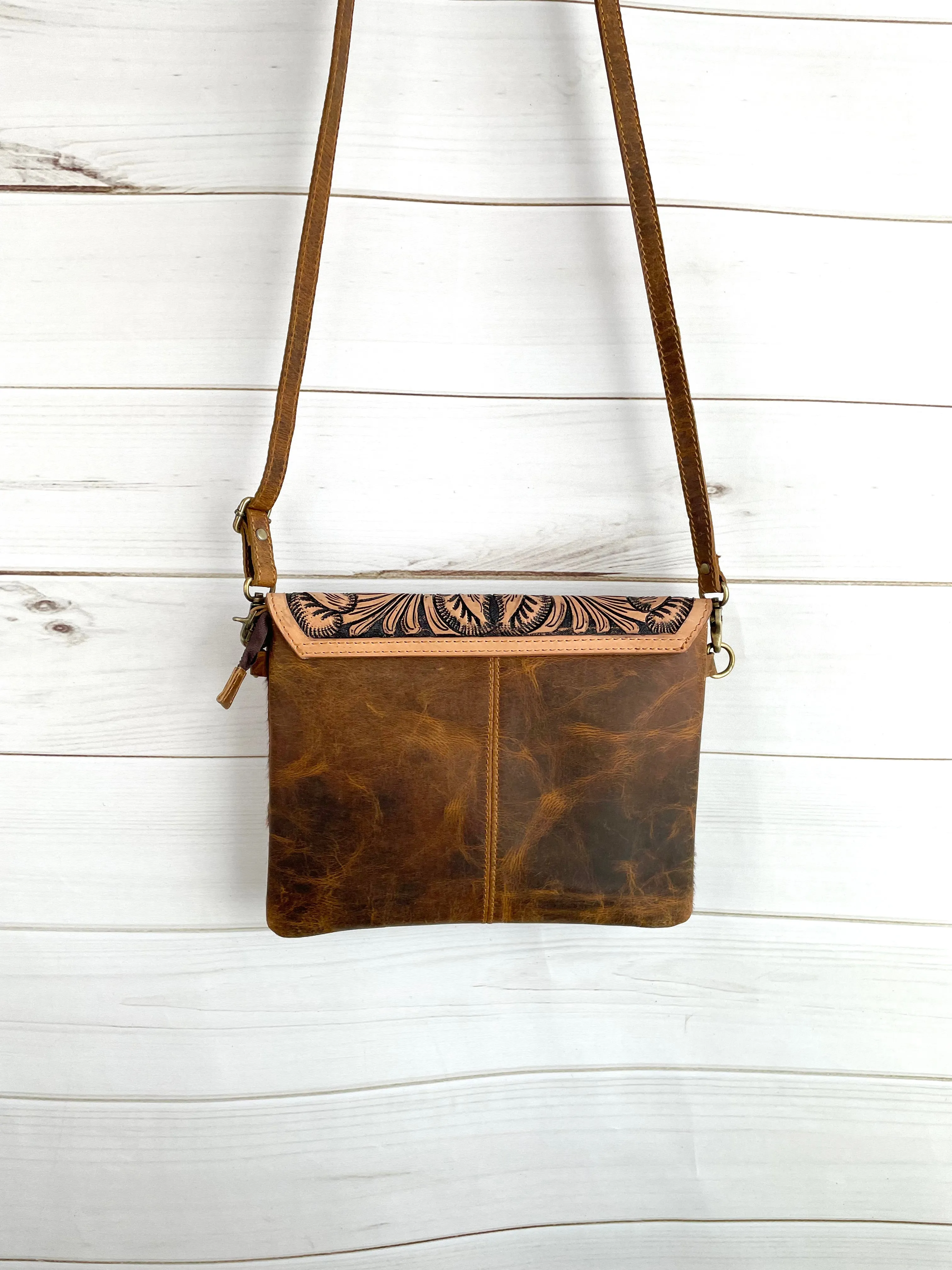 Leather Floral Tooled Flap on Tan Hide Handbag