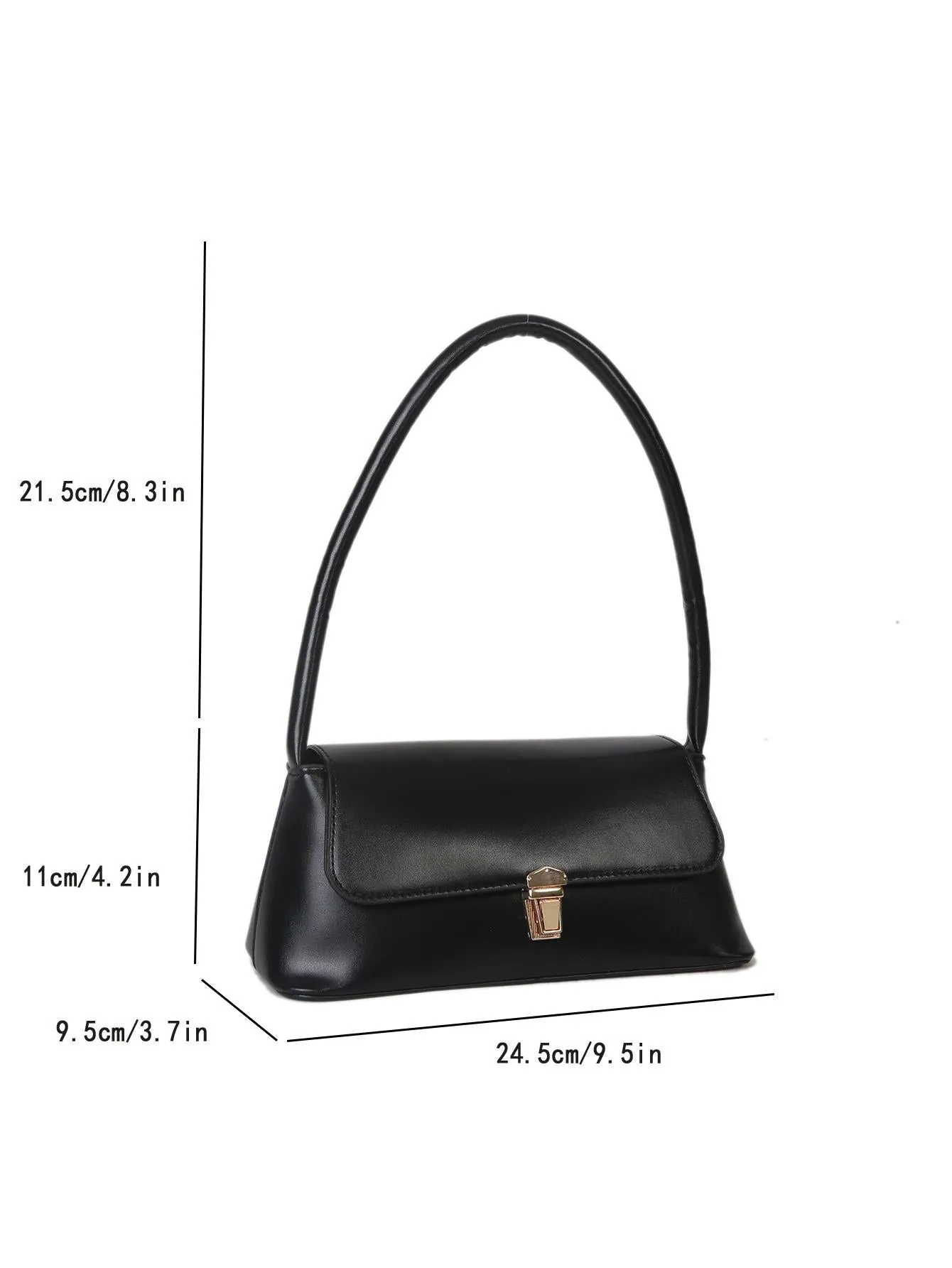 Leather Metal Lock Decoration Clamshell Baguette Bag - Black