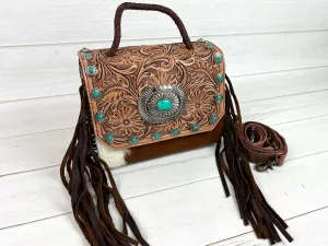 Leather Tooled Turquoise Studded Pill Box Style Crossbody Handbag