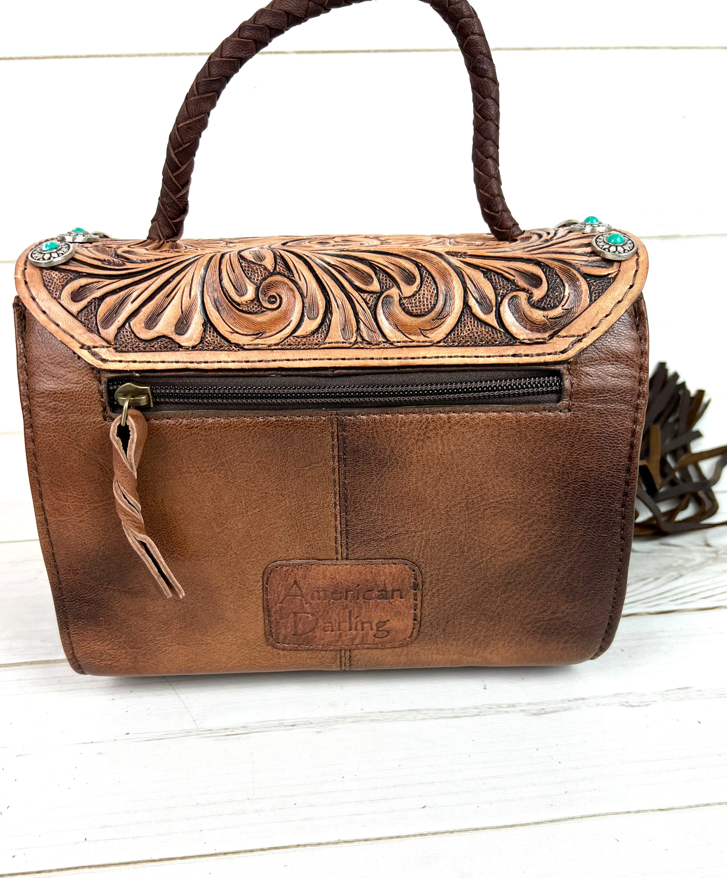 Leather Tooled Turquoise Studded Pill Box Style Crossbody Handbag