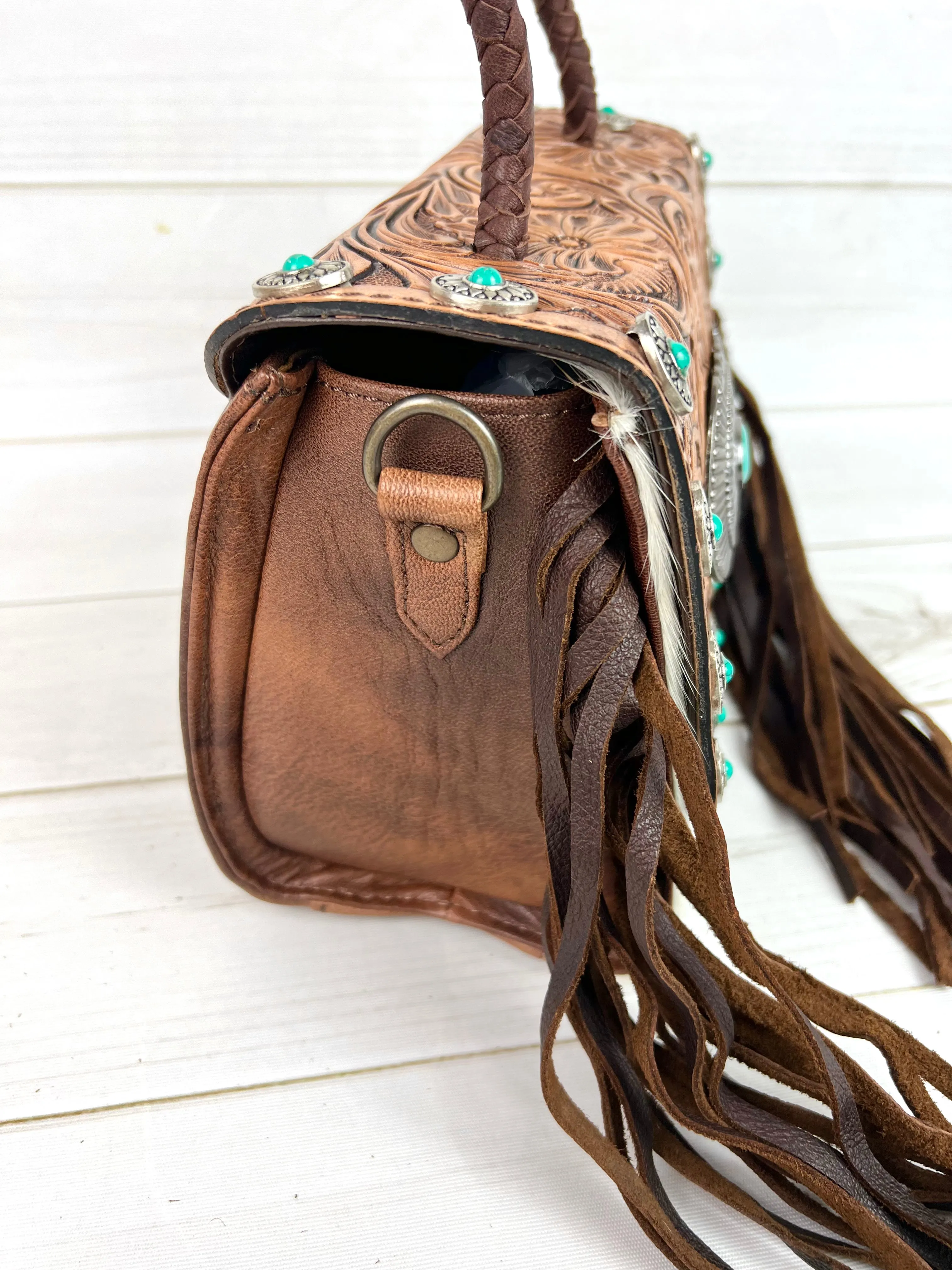 Leather Tooled Turquoise Studded Pill Box Style Crossbody Handbag