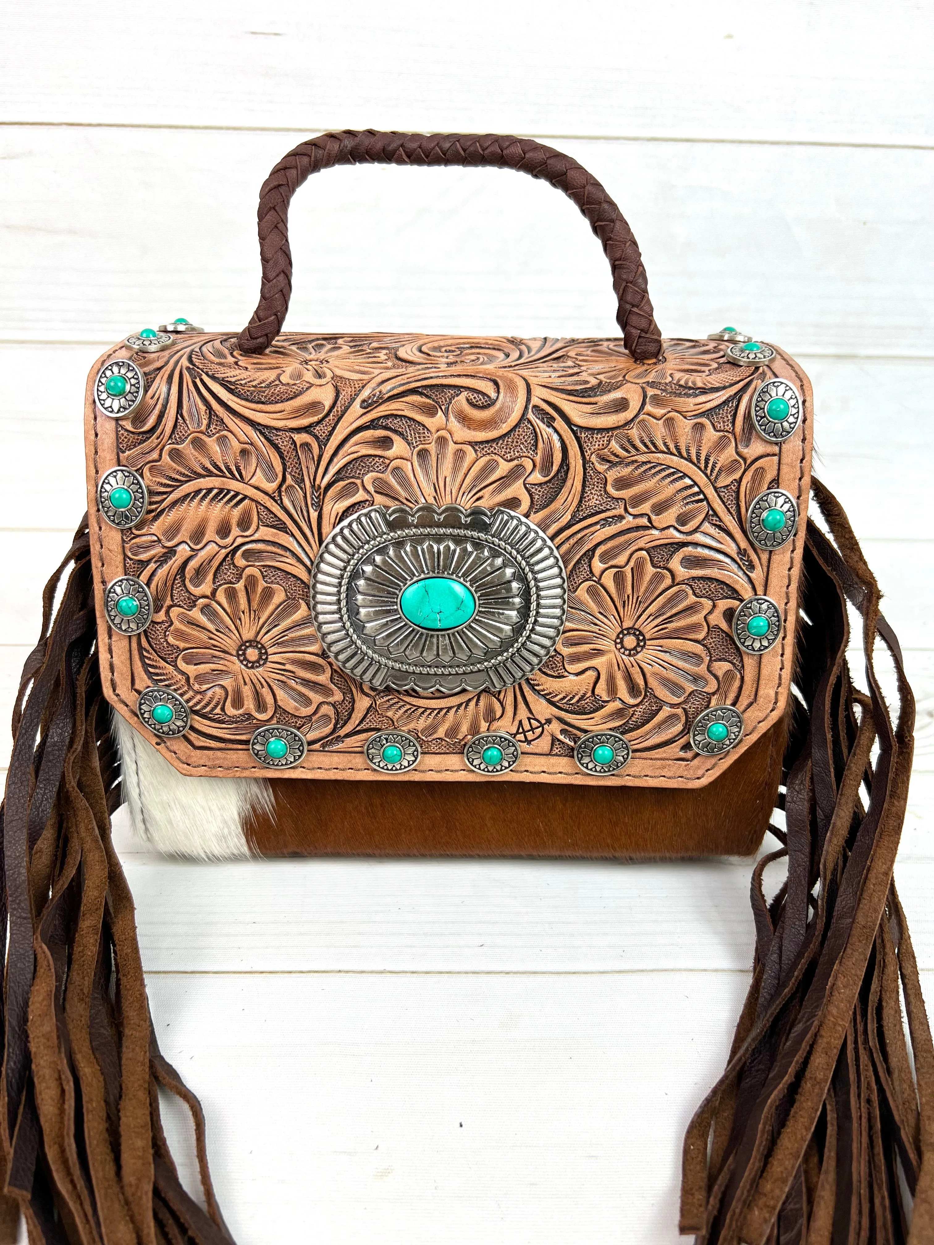 Leather Tooled Turquoise Studded Pill Box Style Crossbody Handbag