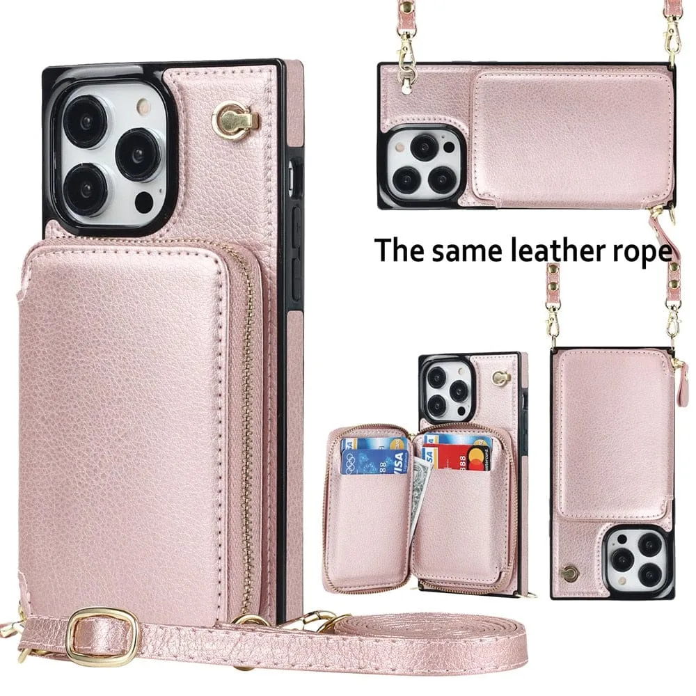 Leather Wallet Phone Case With Lanyard