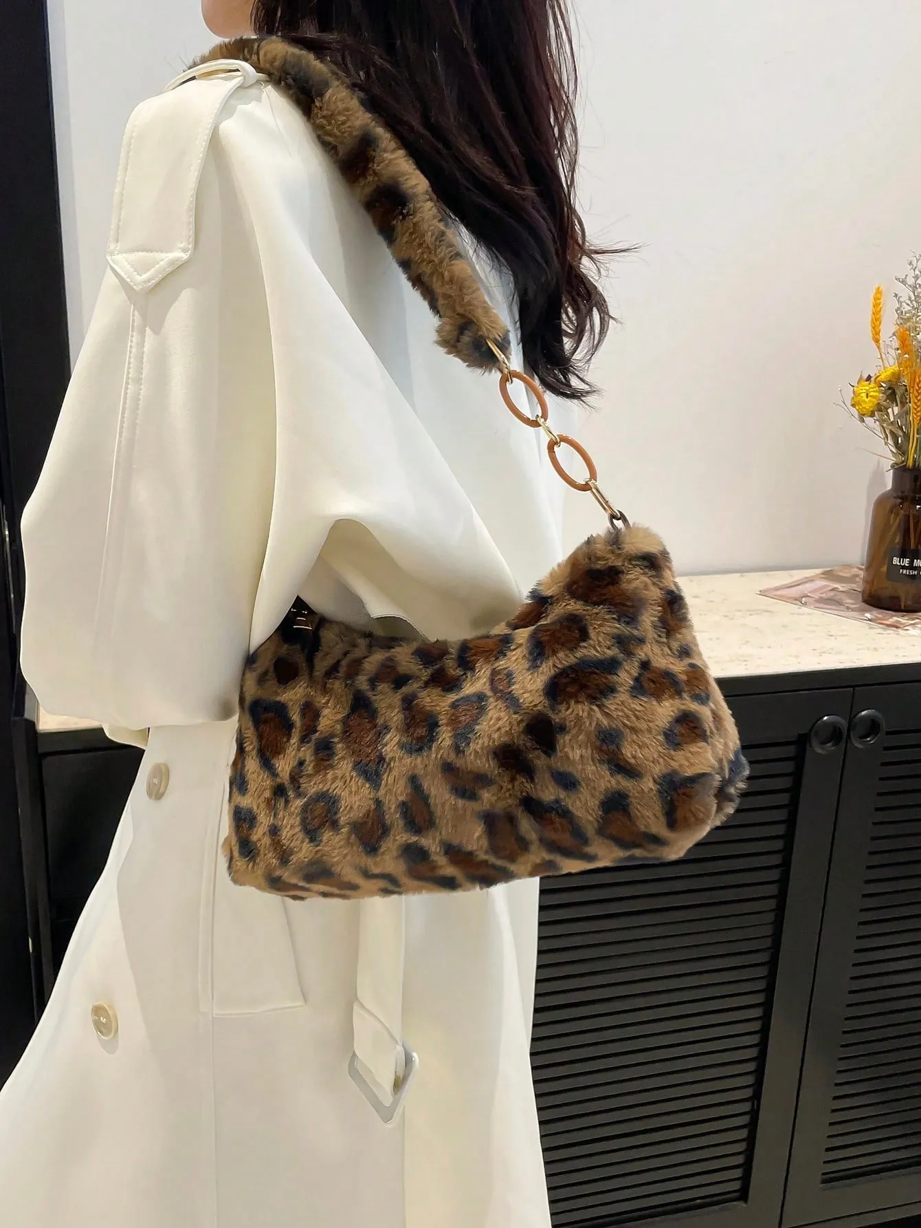 Leopard Print Fuzzy Shoulder Bag