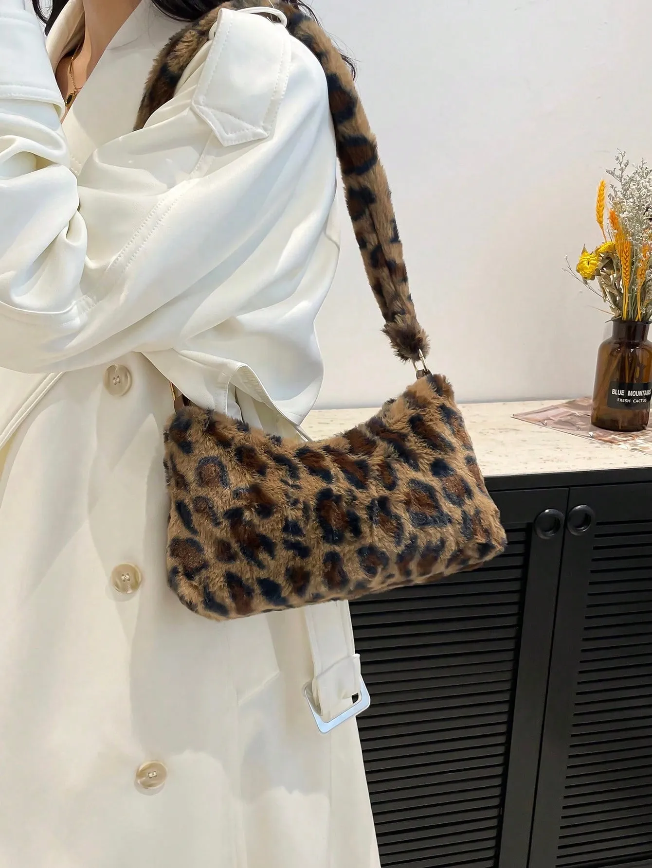 Leopard Print Fuzzy Shoulder Bag