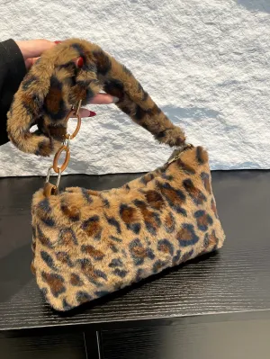 Leopard Print Fuzzy Shoulder Bag