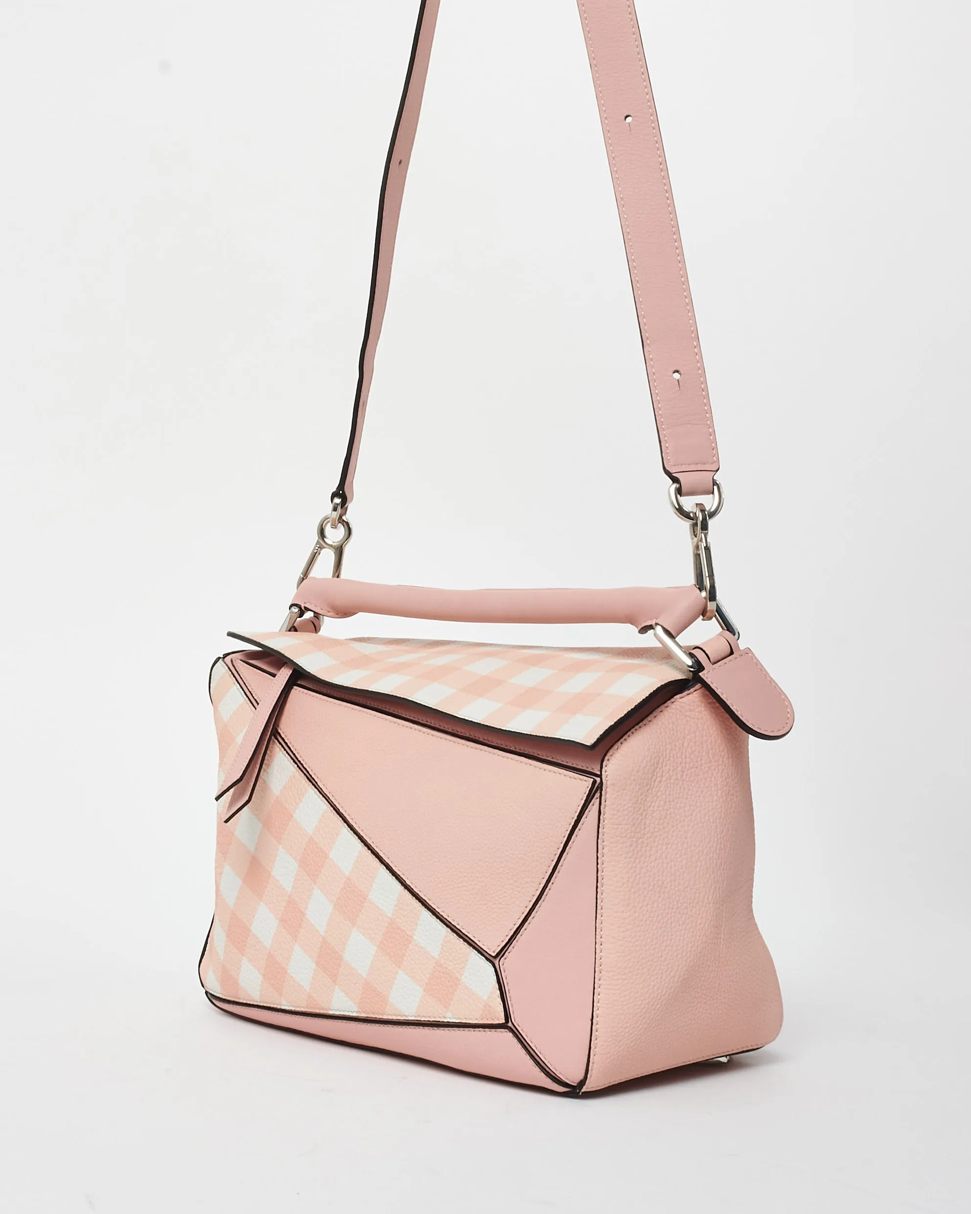 Loewe Pink & White Calfskin Leather Gingham Medium Puzzle Bag