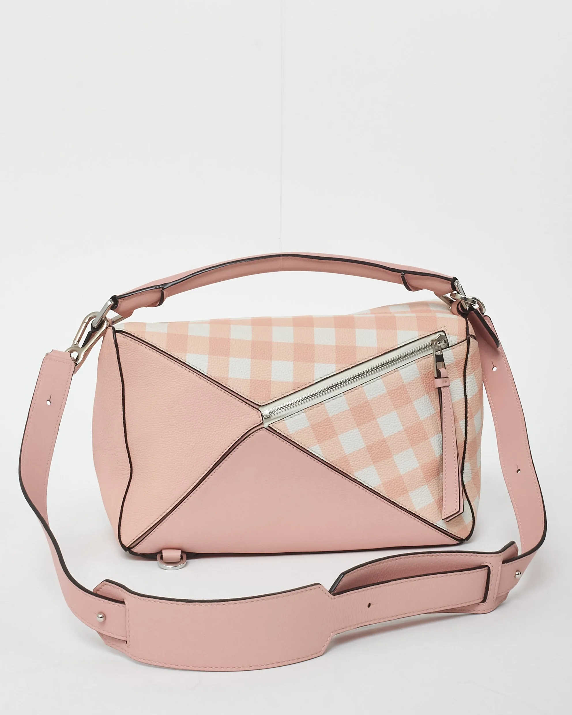 Loewe Pink & White Calfskin Leather Gingham Medium Puzzle Bag