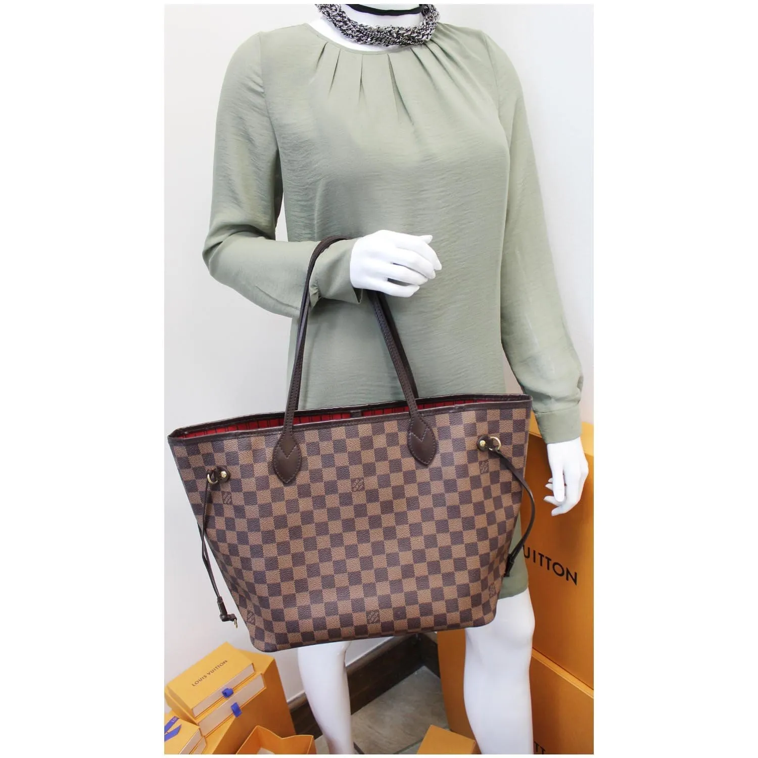 LOUIS VUITTON Neverfull MM Damier Ebene Tote Shoulder Bag Brown