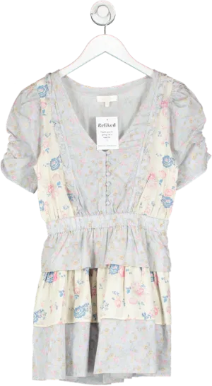 loveshackfancy Blue Floral Ruffled Patchwork Mini Dress UK XS