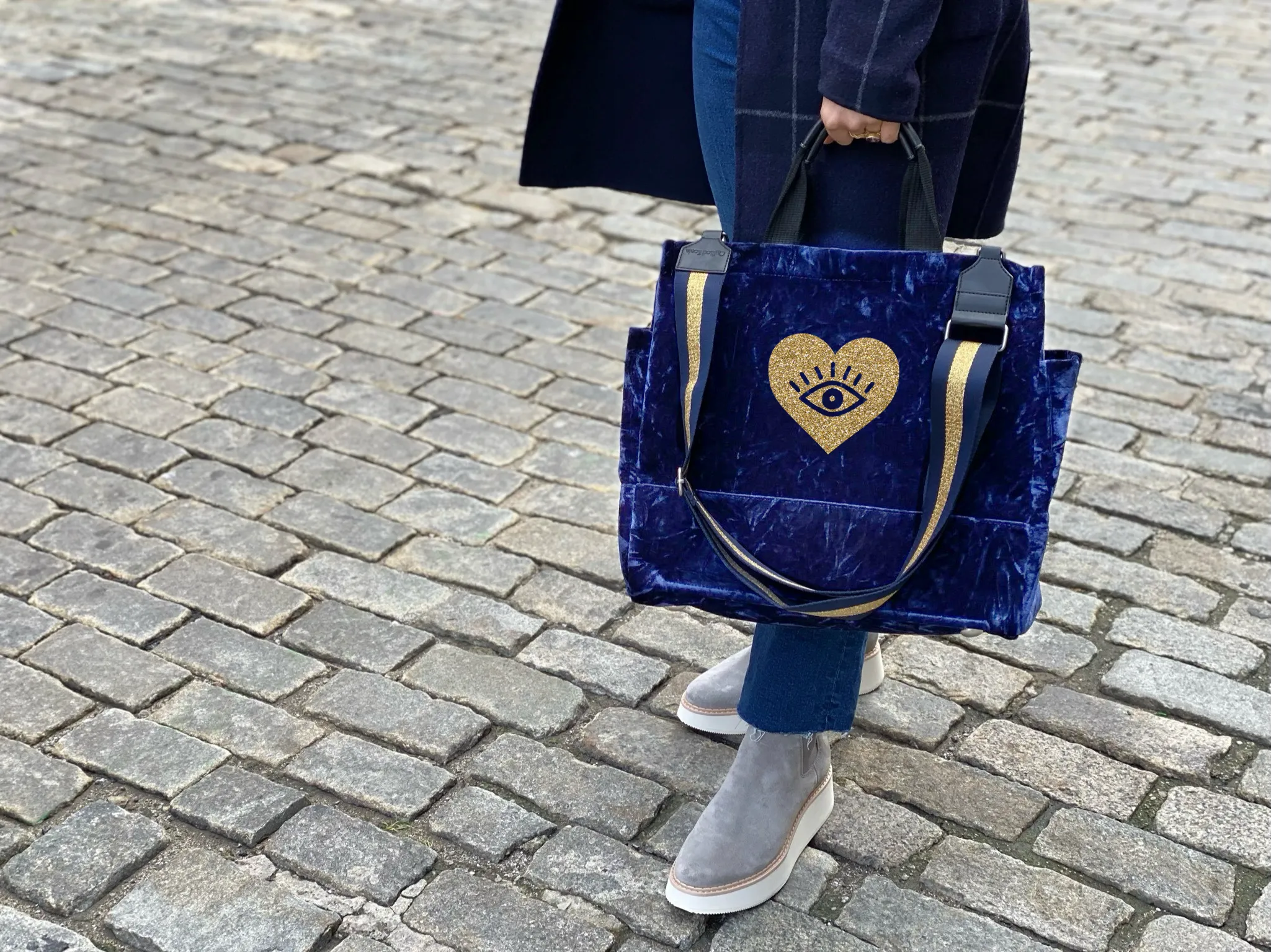 Luxe North South: Midnight Blue Crushed Velvet with Gold Heart with Evil Eye