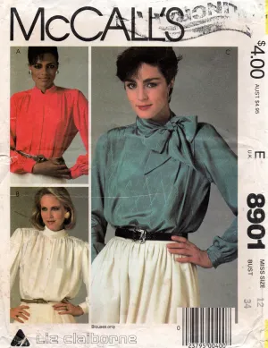 McCall's 8901 LIZ CLAIBORNE Womens High Neck Full Sleeved Pussy Bow Blouses 1980s Vintage Sewing Pattern Size 12 or 14 UNCUT Factory Folded