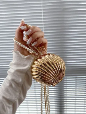 Metal Shell Pearl Chain Mini Shoulder Bag
