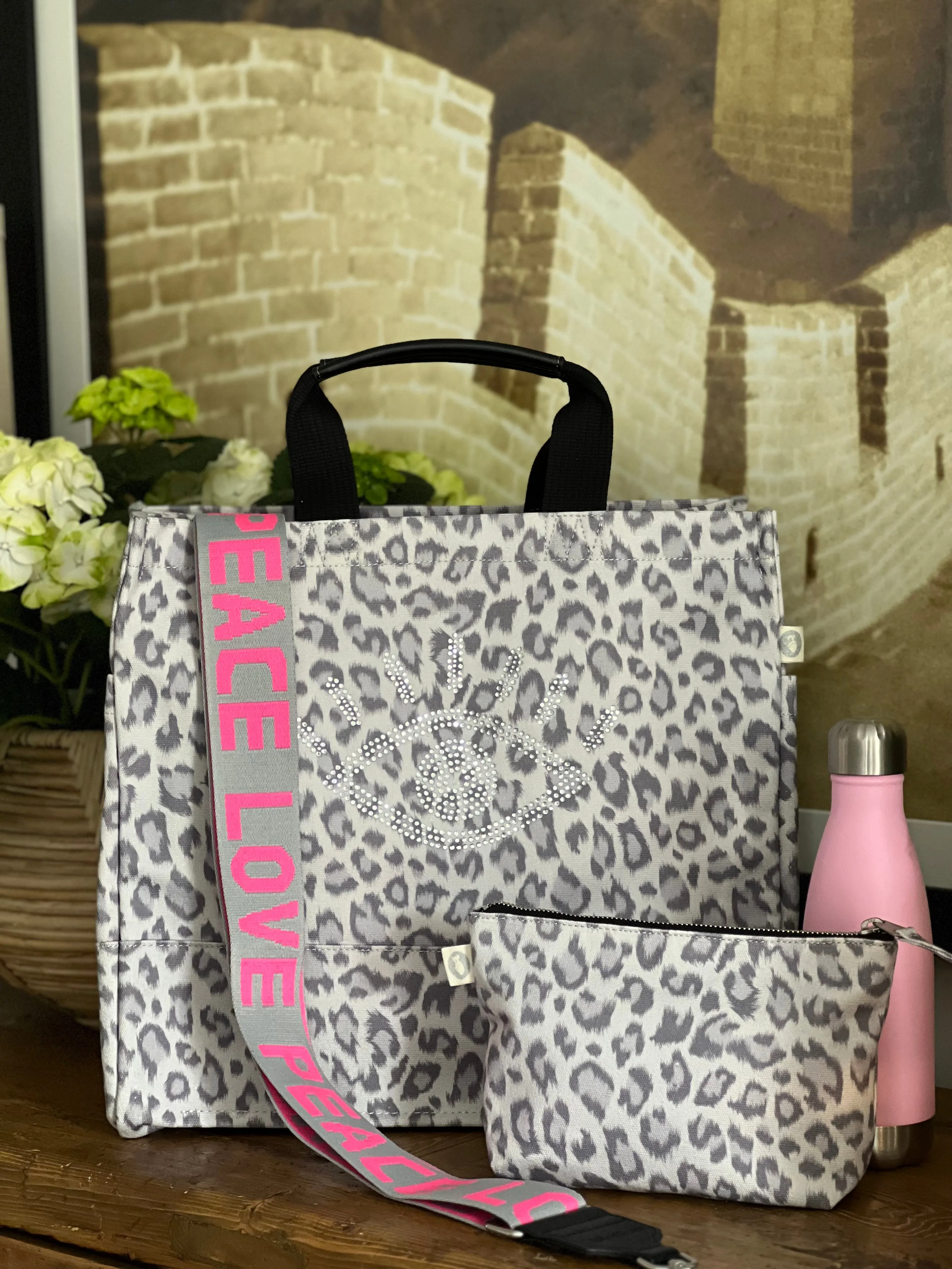 Monogram Stripe: Luxe North South Bag- Grey Leopard