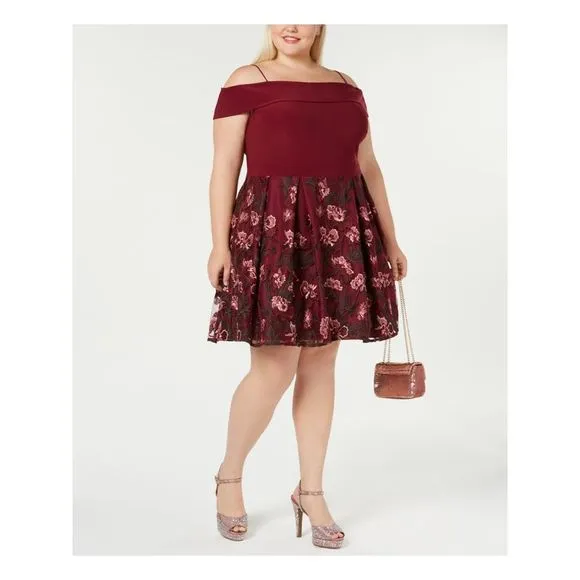 MORGAN &amp; CO Womens Maroon Spaghetti Strap Above The Knee Circle Dress Plus 18W