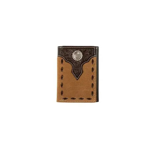Nocona Mens Trifold Style Wallet Floral Overlay Roughout Tan
