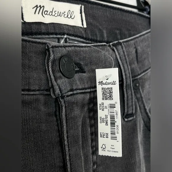 NWT Madewell 9&quot; Mid-Rise Skinny Jeans distressed Black Sea 31