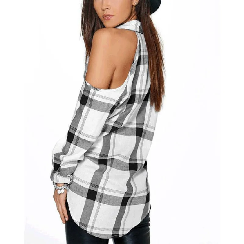 Open Shoulder Plaid Shirt