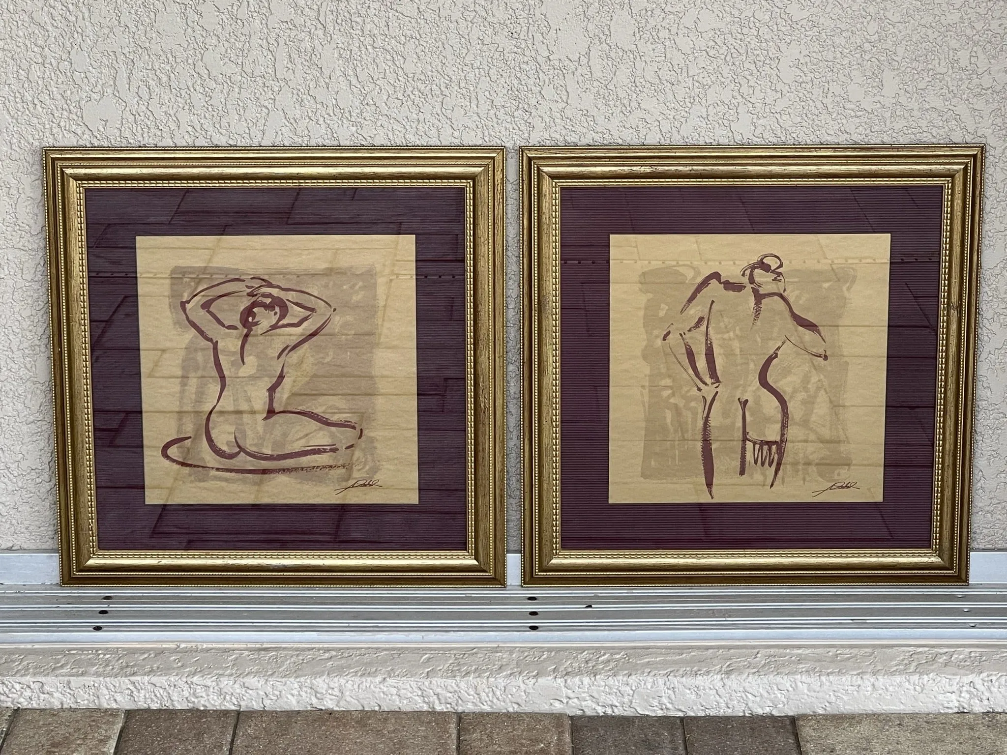 Pair Framed Square Modern Gold Burgundy Nude Wall Hangings, Print on Foil