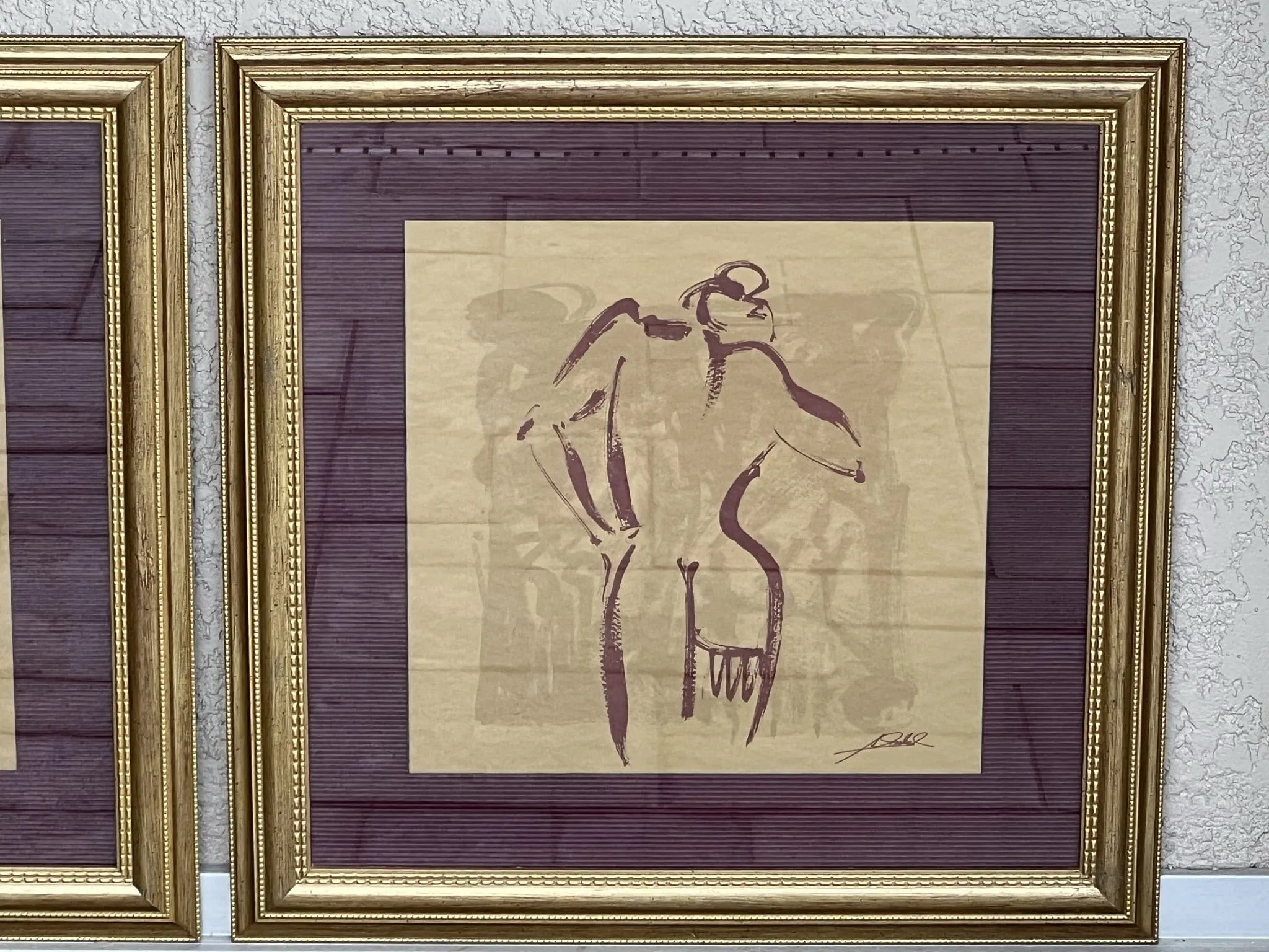 Pair Framed Square Modern Gold Burgundy Nude Wall Hangings, Print on Foil